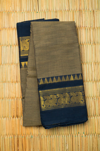 Olive khaki Chettinad cotton saree with navy blue border and gold woven geometric motifs