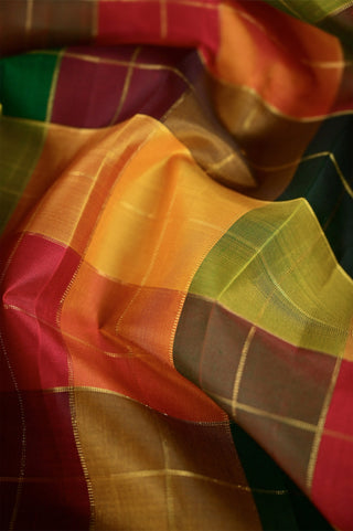 Multi-Colored Kanjivaram Silk Saree with Gold Zari Checks