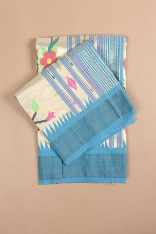 Light Blue Cotton Paithani Saree with peacock and floral motifs