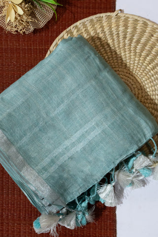 Sea Blue and Silver Pure Linen Saree