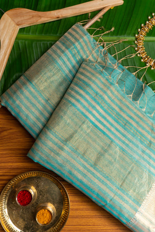 Aqua Blue and Gold Zari Striped Maheshwari Saree