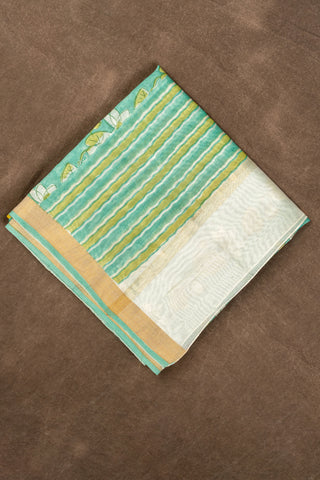 Sea green Chanderi silk cotton dupatta with white lotus hand block print and zari border