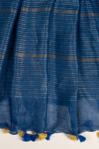 navy blue pure linen saree with antique copper zari stripes and geometric pallu handcrafted saree from Madhurya