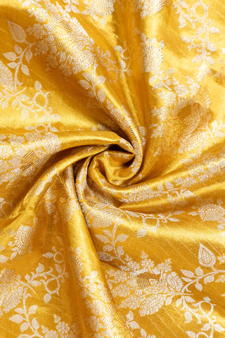 Gold Kanjivaram silk saree with floral jaal and pink contrast border