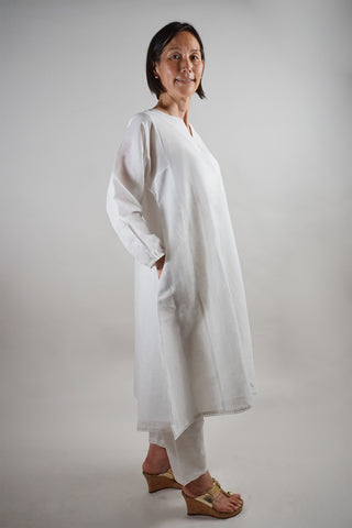 Solid White Linen Kurti and Pant Co-ord Set - Comfortable White Casual Wear