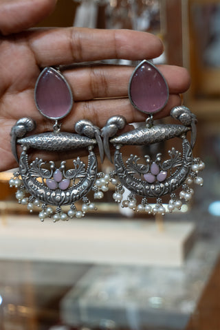 Oxidized Silver Peacock Earrings with Pearl Drops