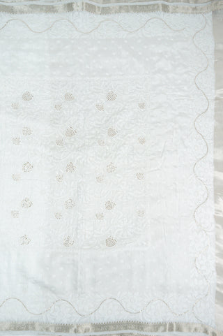 White Banarasi Chianya Silk Saree with Hand Chikankari and Mukaish handwoven silk saree