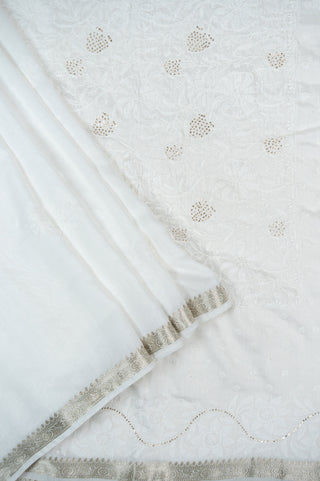 White Banarasi Chianya Silk Saree with Hand Chikankari and Mukaish handwoven silk saree