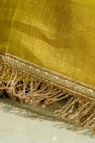 Ombre Dyed Linen Saree with Golden Fringe Lace & Tassels