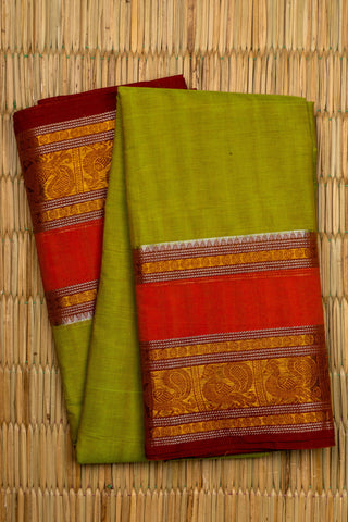 Lime Green Chettinad Cotton Saree with Peacock and Geometric Motifs Border
