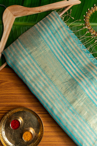 Aqua Blue and Gold Zari Striped Maheshwari Saree