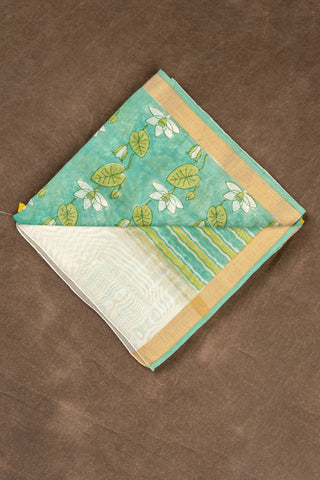 Sea green Chanderi silk cotton dupatta with white lotus hand block print and zari border