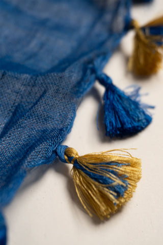 navy blue pure linen saree with antique copper zari stripes and geometric pallu handcrafted saree from Madhurya