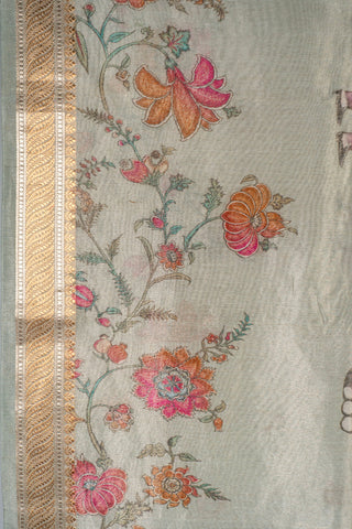 pastel pista green soft linen tissue saree with digital heritage art prints handcrafted saree from Madhurya	