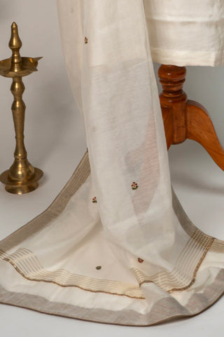 White Tanjore Modal Silk Kurti Pant Dupatta Set with Hand Embroidered Zardozi and Stone Work