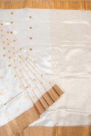 Off-white pure silk Chanderi saree with gold zari rudraksh motifs and striped tissue pallu