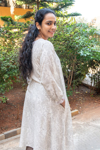 Off-white Linen Kurta Set with Brown Pants