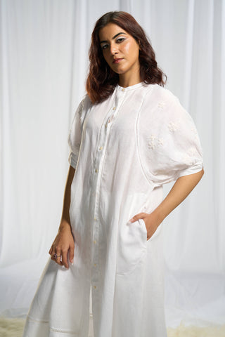 Open front white linen overlay with floral detailing
