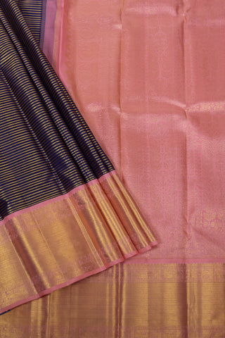 Elegant Navy Blue and Coral Pink kanjivaram Silk Saree with Pure Gold Zari