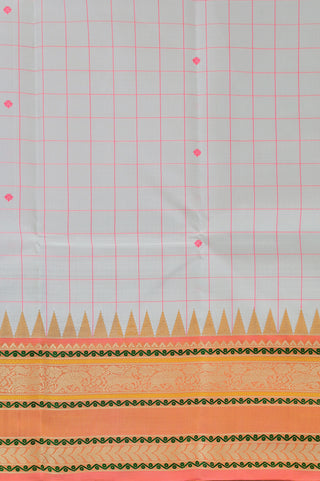 White Kanjeevaram silk saree with pink checks and orange temple border