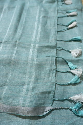 Sea Blue and Silver Pure Linen Saree