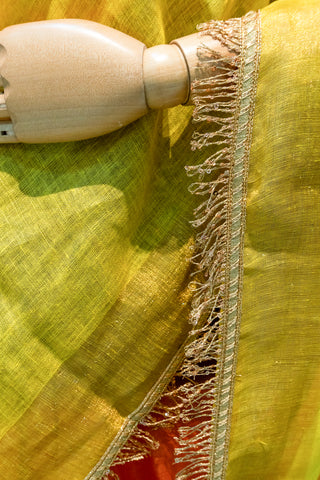 Ombre Dyed Linen Saree with Golden Fringe Lace & Tassels