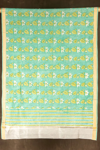 Sea green Chanderi silk cotton dupatta with white lotus hand block print and zari border