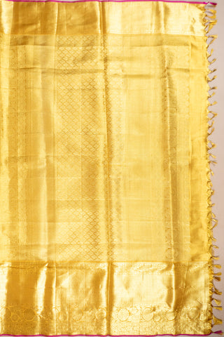 Gold Kanjivaram silk saree with floral jaal and pink contrast border