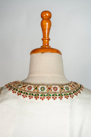 White Tanjore Modal Silk Kurti Pant Dupatta Set with Hand Embroidered Zardozi and Stone Work