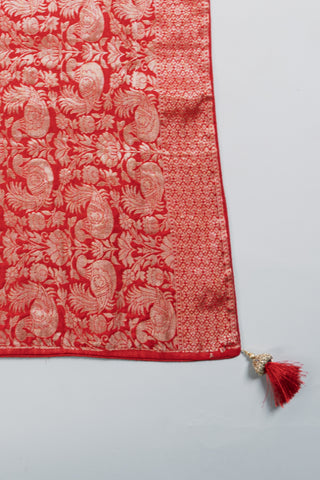 Bright Red Silk saree with Peacock Motifs