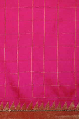 Bright pink Paithani saree with gold zari grid checks and a gold tissue pallu of multicolour floral vines