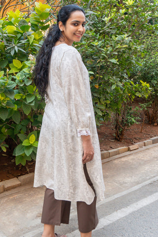 Off-white Linen Kurta Set with Brown Pants