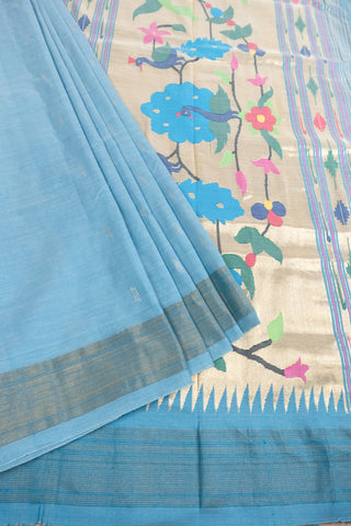 Light Blue Cotton Paithani Saree with peacock and floral motifs