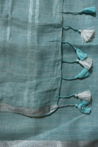 Sea Blue and Silver Pure Linen Saree