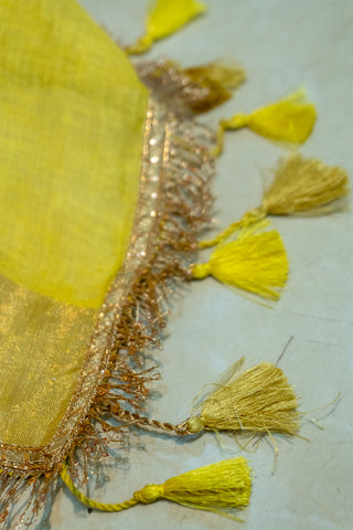 Ombre Dyed Linen Saree with Golden Fringe Lace & Tassels