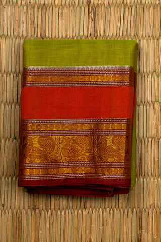 Lime Green Chettinad Cotton Saree with Peacock and Geometric Motifs Border
