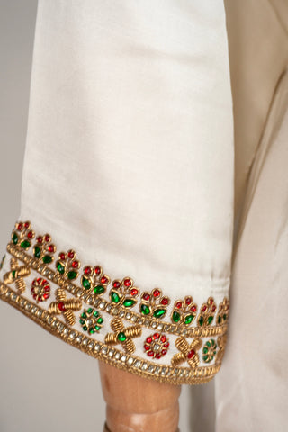 White Tanjore Modal Silk Kurti Pant Dupatta Set with Hand Embroidered Zardozi and Stone Work