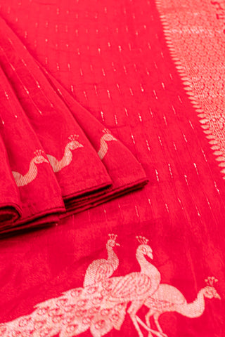 Bright Red Silk saree with Peacock Motifs