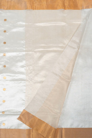 Off-white pure silk Chanderi saree with gold zari rudraksh motifs and striped tissue pallu