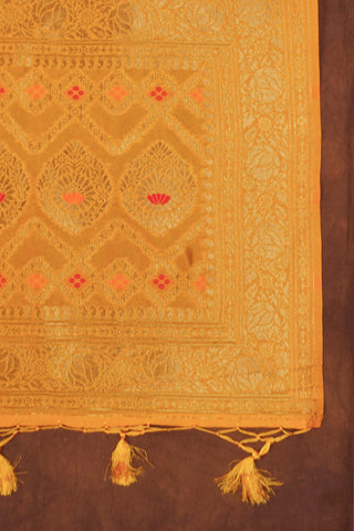 Marigold yellow Banarasi dupatta with gold zari diamond jaal, red and orange meenakari florals and woven pallu with tassels