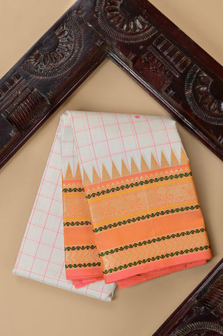 White Kanjeevaram silk saree with pink checks and orange temple border