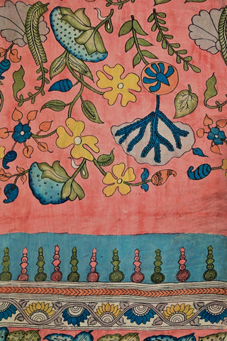 Hand-painted Kalamkari silk saree with floral motifs