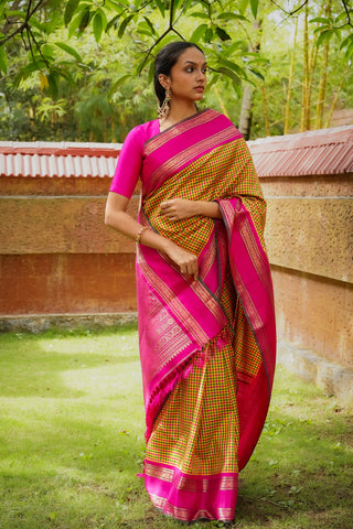 Yellow Multi Color Micro Check Kanjivaram Silk Cotton Saree with Rani Pink Zari Border and Heavy Brocade Pallu