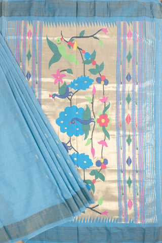 Light Blue Cotton Paithani Saree with peacock and floral motifs