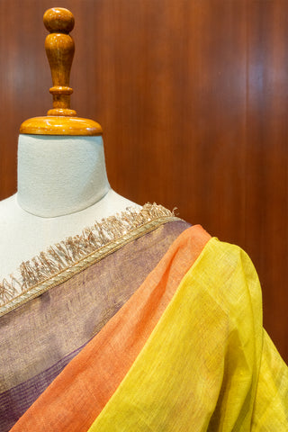 Ombre Dyed Linen Saree with Golden Fringe Lace & Tassels
