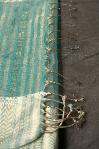 Aqua Blue and Gold Zari Striped Maheshwari Saree