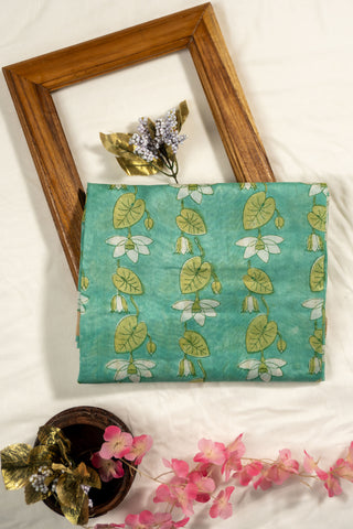 Sea green Chanderi silk cotton dupatta with white lotus hand block print and zari border