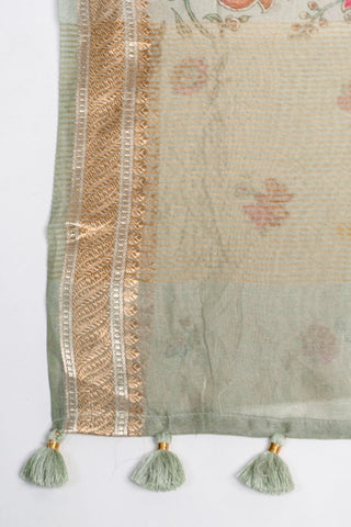 pastel pista green soft linen tissue saree with digital heritage art prints handcrafted saree from Madhurya	