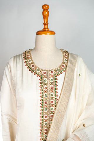White Tanjore Modal Silk Kurti Pant Dupatta Set with Hand Embroidered Zardozi and Stone Work