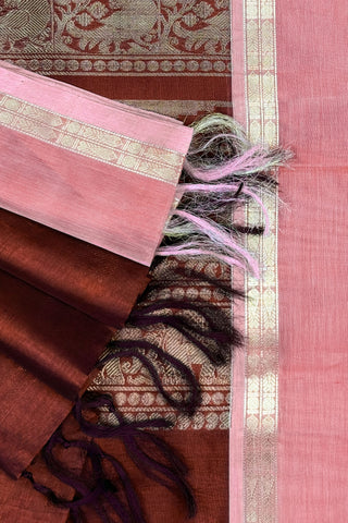 Rich maroon pure silk saree with gold zari Yali motifs and contrasting peach pink fish motif border